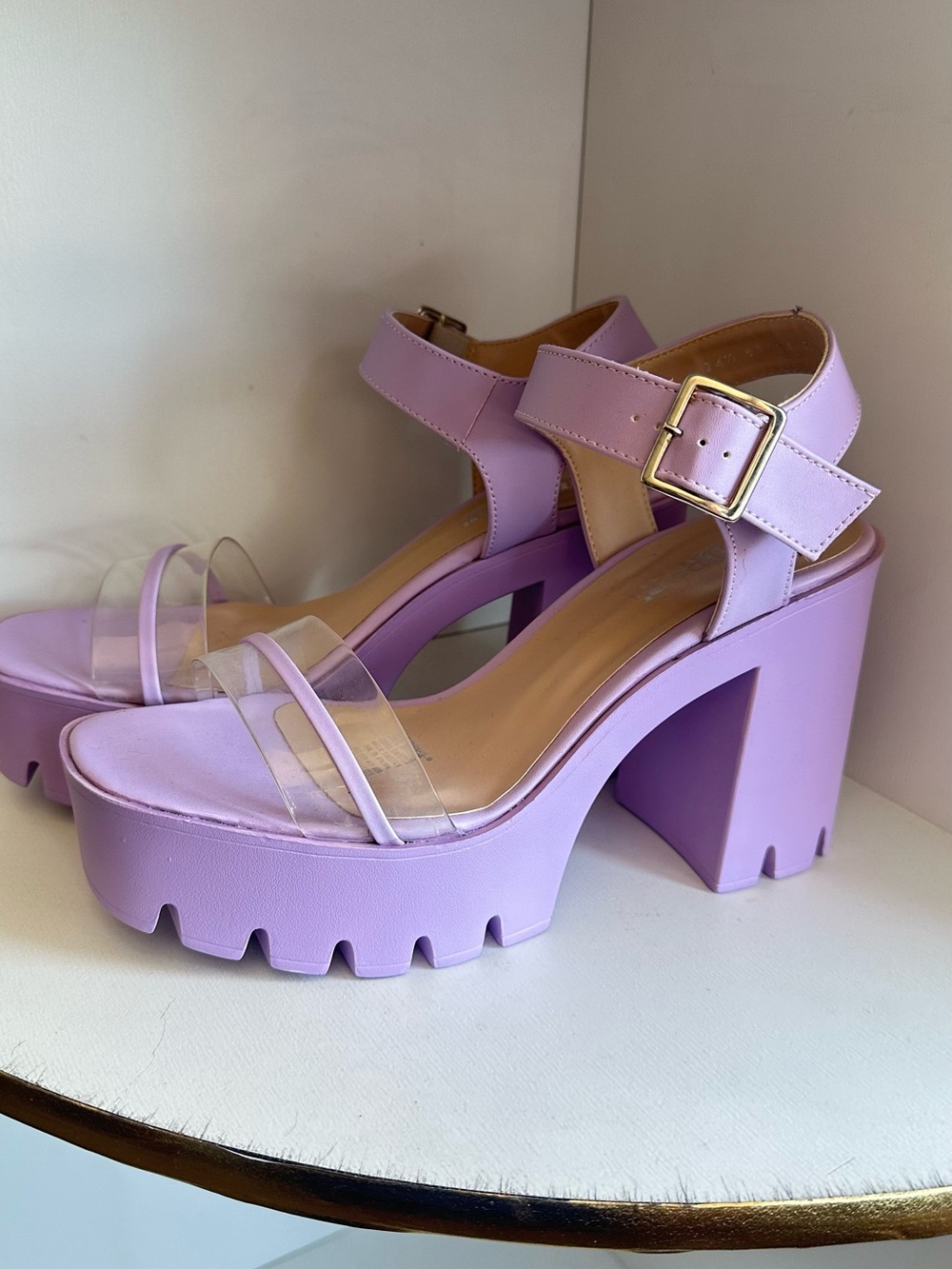 ANDREA FENZI Lilac Platform Block Heel Sandals with Clear Straps